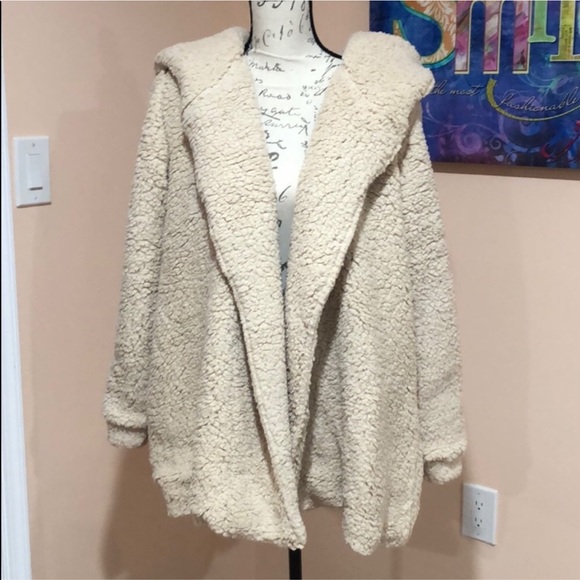 OVERSIZED faux fur lining jacket OATMEAL- hoodie - Picture 5 of 6